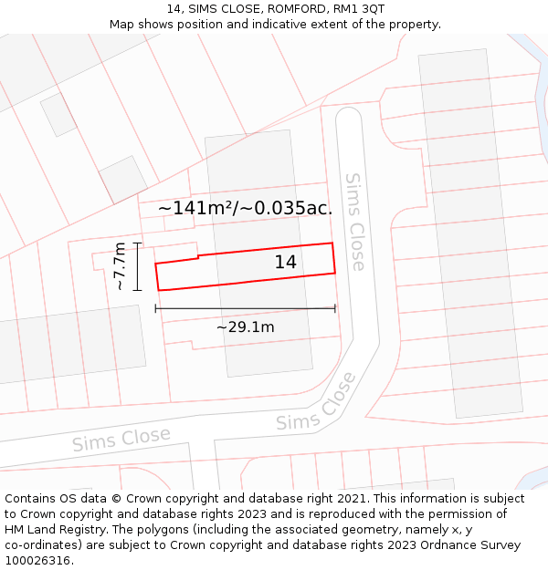 14, SIMS CLOSE, ROMFORD, RM1 3QT: Plot and title map