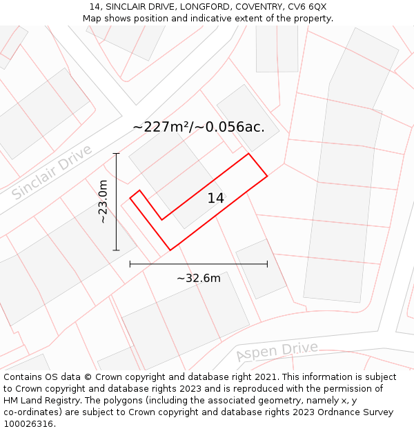 14, SINCLAIR DRIVE, LONGFORD, COVENTRY, CV6 6QX: Plot and title map