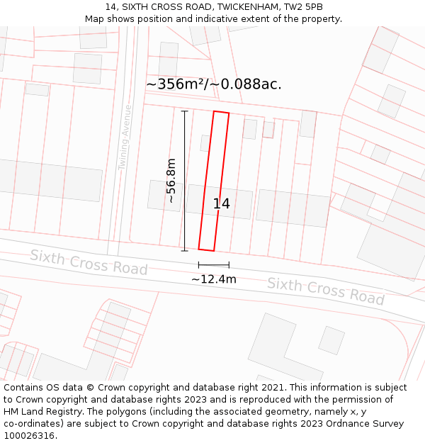 14, SIXTH CROSS ROAD, TWICKENHAM, TW2 5PB: Plot and title map