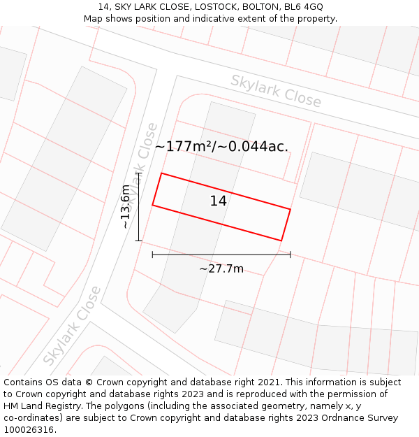 14, SKY LARK CLOSE, LOSTOCK, BOLTON, BL6 4GQ: Plot and title map