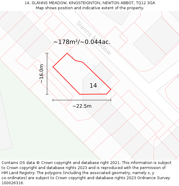 14, SLANNS MEADOW, KINGSTEIGNTON, NEWTON ABBOT, TQ12 3GA: Plot and title map
