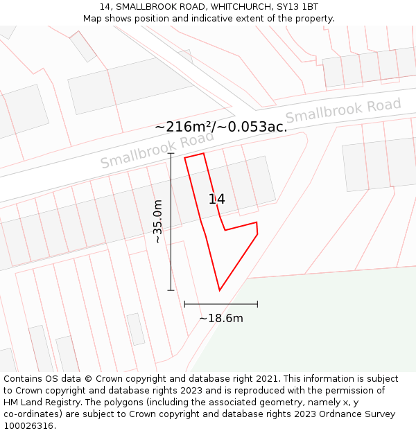 14, SMALLBROOK ROAD, WHITCHURCH, SY13 1BT: Plot and title map
