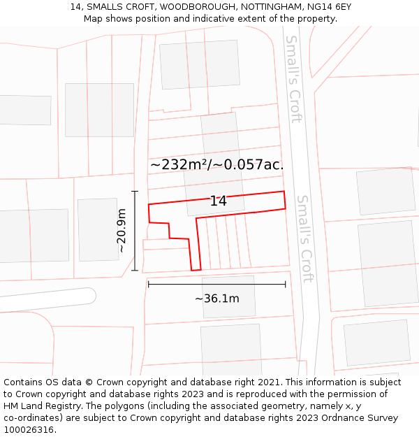 14, SMALLS CROFT, WOODBOROUGH, NOTTINGHAM, NG14 6EY: Plot and title map