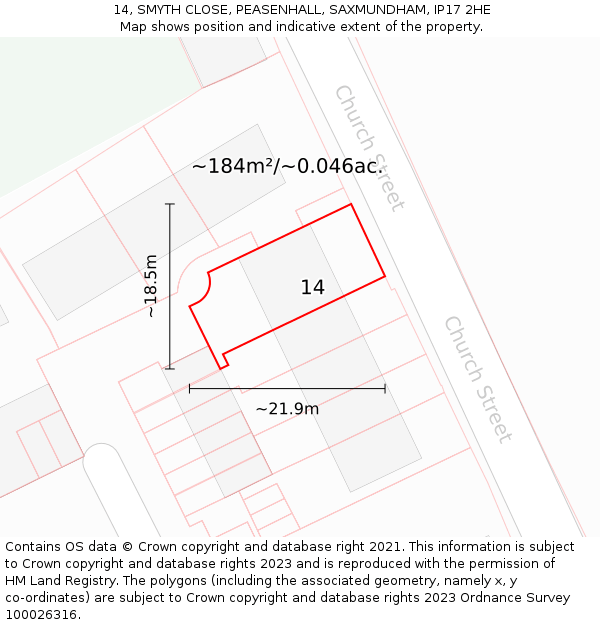 14, SMYTH CLOSE, PEASENHALL, SAXMUNDHAM, IP17 2HE: Plot and title map