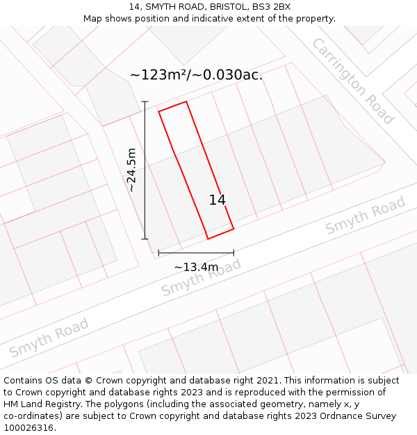 14, SMYTH ROAD, BRISTOL, BS3 2BX: Plot and title map