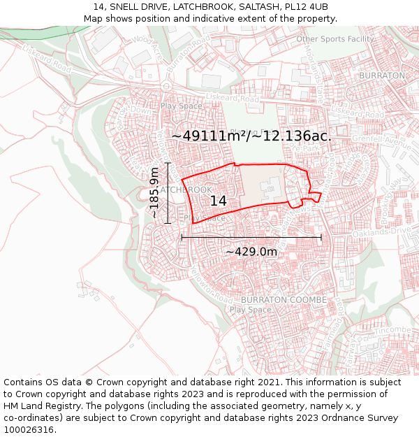 14, SNELL DRIVE, LATCHBROOK, SALTASH, PL12 4UB: Plot and title map