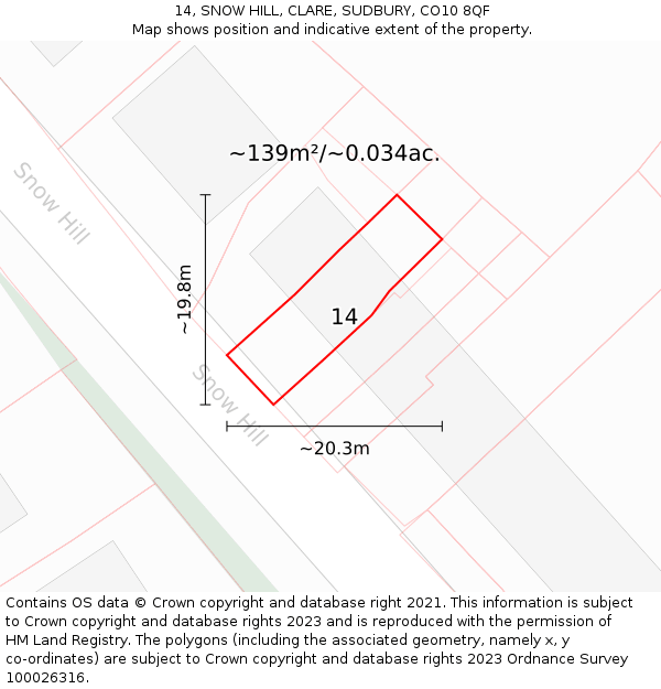 14, SNOW HILL, CLARE, SUDBURY, CO10 8QF: Plot and title map