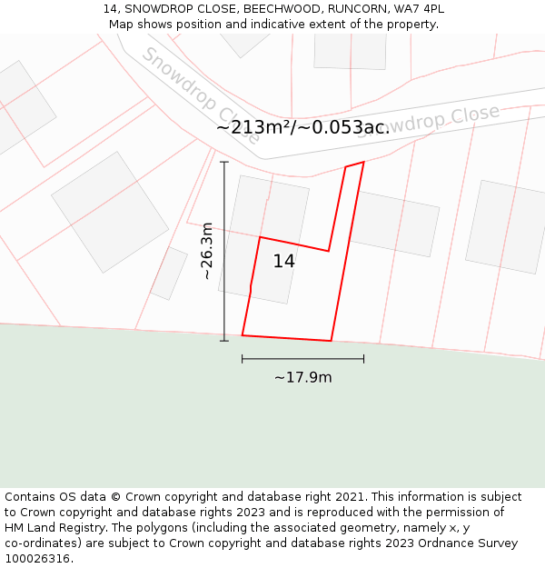 14, SNOWDROP CLOSE, BEECHWOOD, RUNCORN, WA7 4PL: Plot and title map