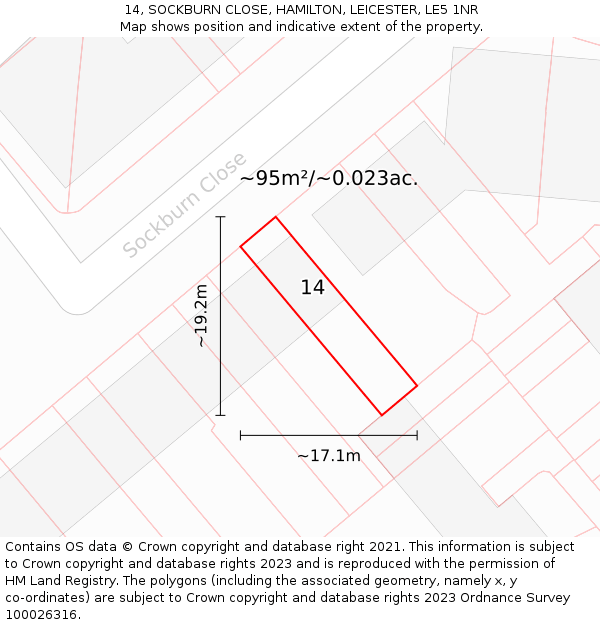 14, SOCKBURN CLOSE, HAMILTON, LEICESTER, LE5 1NR: Plot and title map