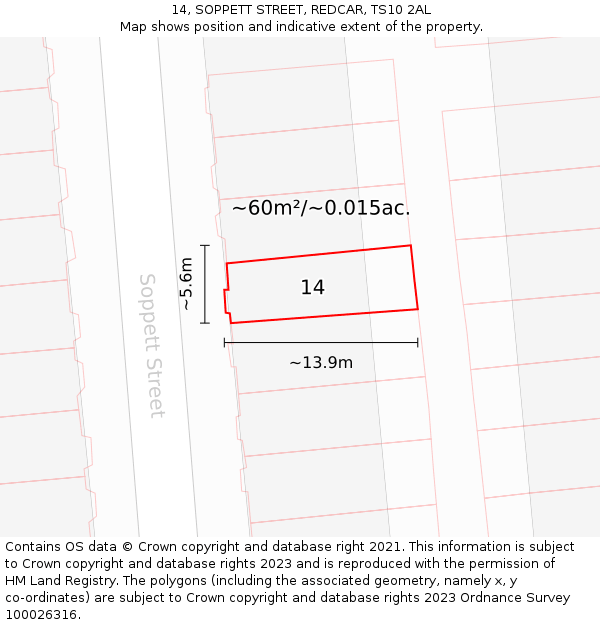 14, SOPPETT STREET, REDCAR, TS10 2AL: Plot and title map