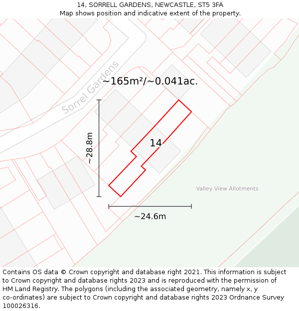14, SORRELL GARDENS, NEWCASTLE, ST5 3FA: Plot and title map