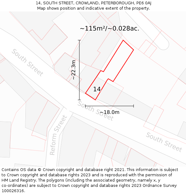 14, SOUTH STREET, CROWLAND, PETERBOROUGH, PE6 0AJ: Plot and title map