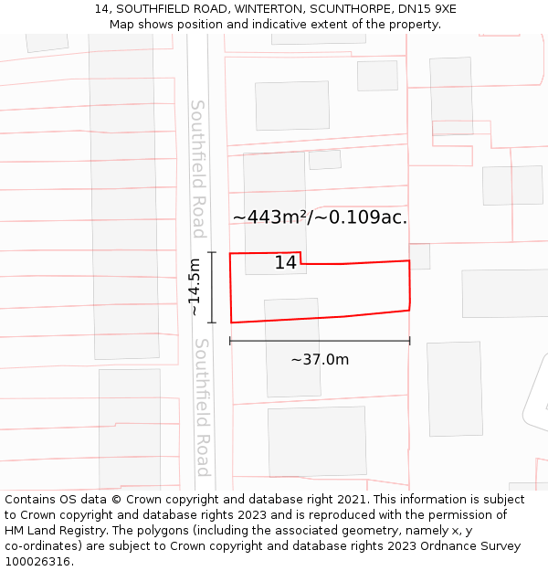 14, SOUTHFIELD ROAD, WINTERTON, SCUNTHORPE, DN15 9XE: Plot and title map