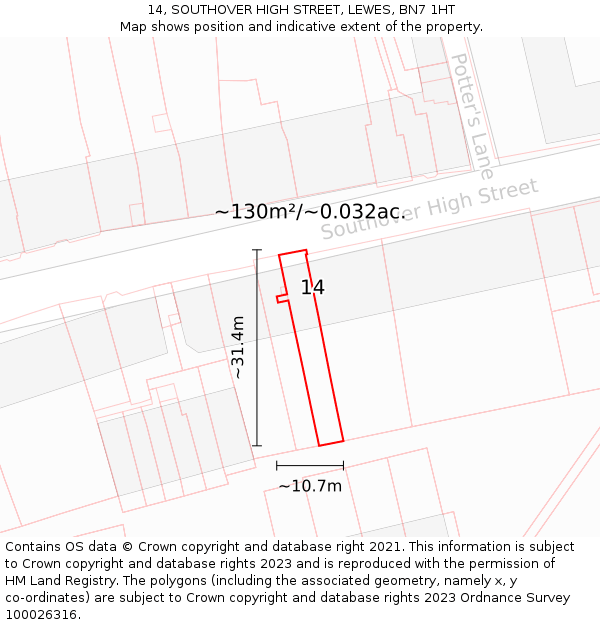 14, SOUTHOVER HIGH STREET, LEWES, BN7 1HT: Plot and title map