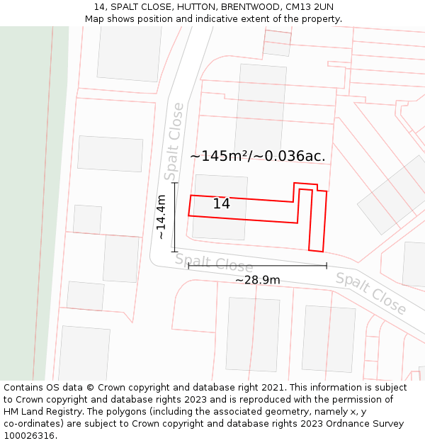 14, SPALT CLOSE, HUTTON, BRENTWOOD, CM13 2UN: Plot and title map