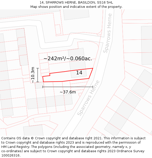 14, SPARROWS HERNE, BASILDON, SS16 5HL: Plot and title map