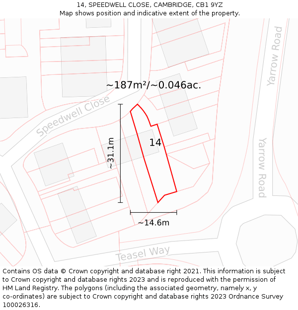 14, SPEEDWELL CLOSE, CAMBRIDGE, CB1 9YZ: Plot and title map