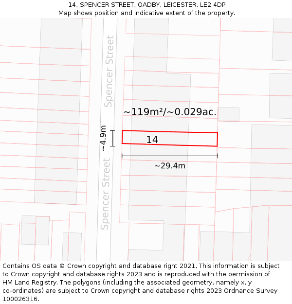 14, SPENCER STREET, OADBY, LEICESTER, LE2 4DP: Plot and title map
