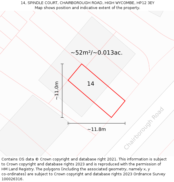 14, SPINDLE COURT, CHAIRBOROUGH ROAD, HIGH WYCOMBE, HP12 3EY: Plot and title map
