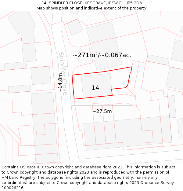 14, SPINDLER CLOSE, KESGRAVE, IPSWICH, IP5 2DA: Plot and title map