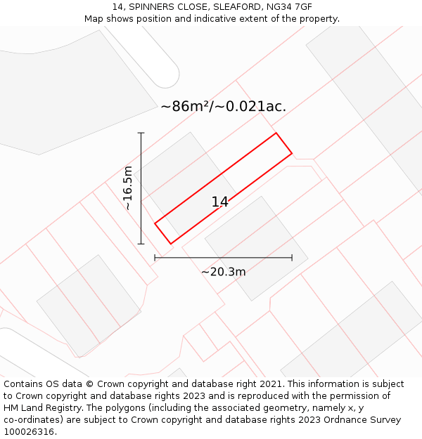 14, SPINNERS CLOSE, SLEAFORD, NG34 7GF: Plot and title map