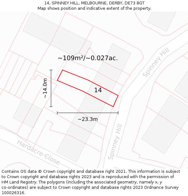 14, SPINNEY HILL, MELBOURNE, DERBY, DE73 8GT: Plot and title map
