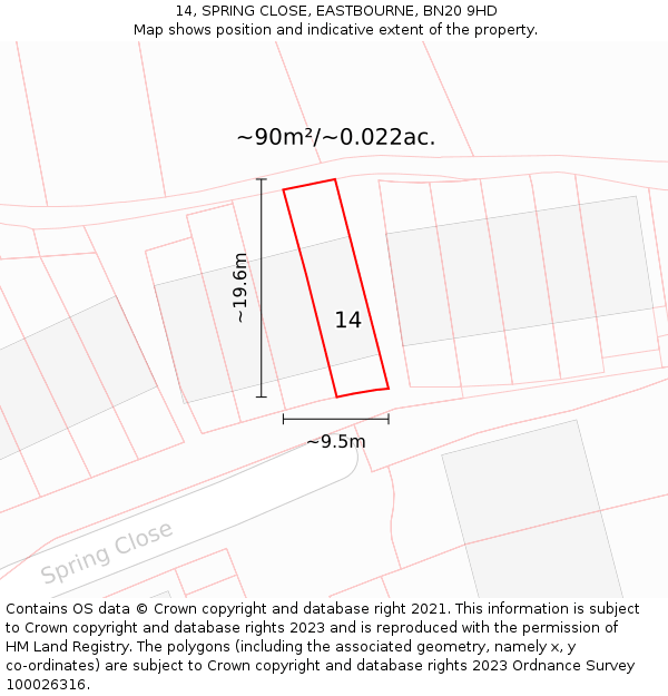 14, SPRING CLOSE, EASTBOURNE, BN20 9HD: Plot and title map