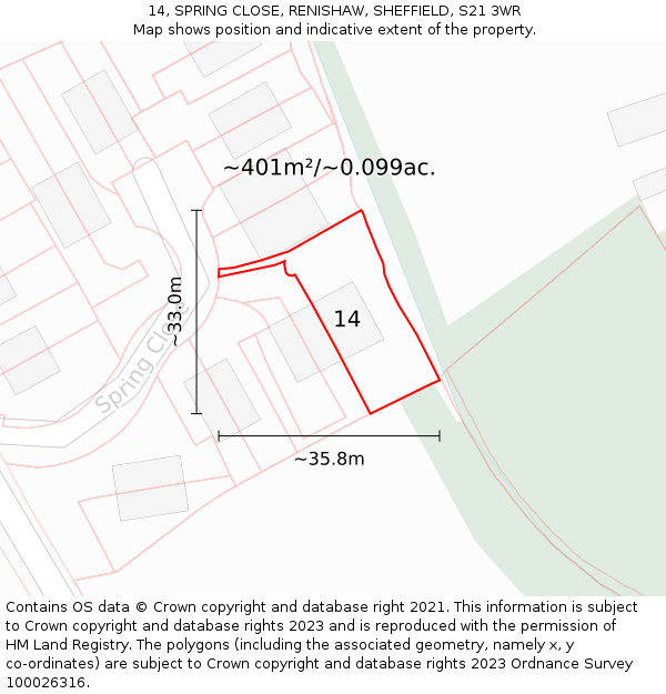 14, SPRING CLOSE, RENISHAW, SHEFFIELD, S21 3WR: Plot and title map