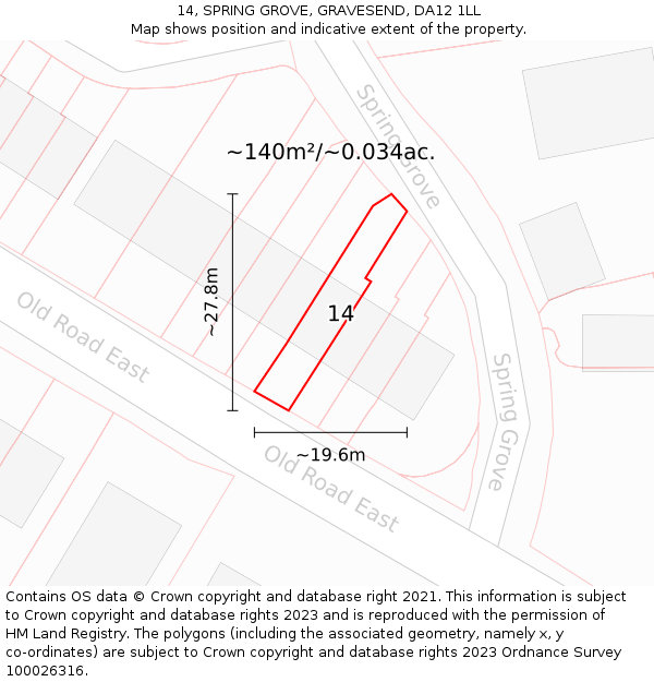 14, SPRING GROVE, GRAVESEND, DA12 1LL: Plot and title map