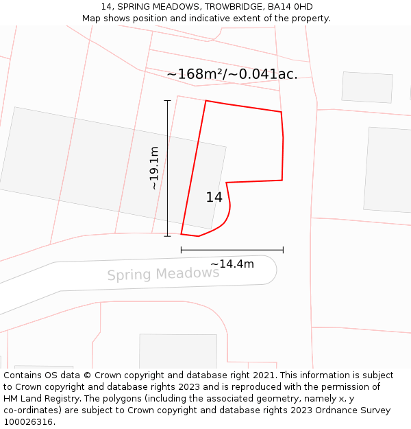 14, SPRING MEADOWS, TROWBRIDGE, BA14 0HD: Plot and title map