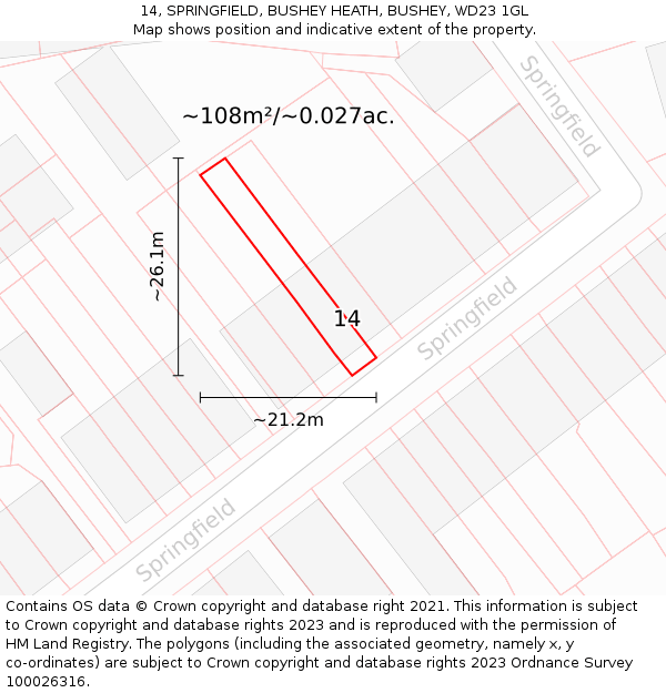 14, SPRINGFIELD, BUSHEY HEATH, BUSHEY, WD23 1GL: Plot and title map