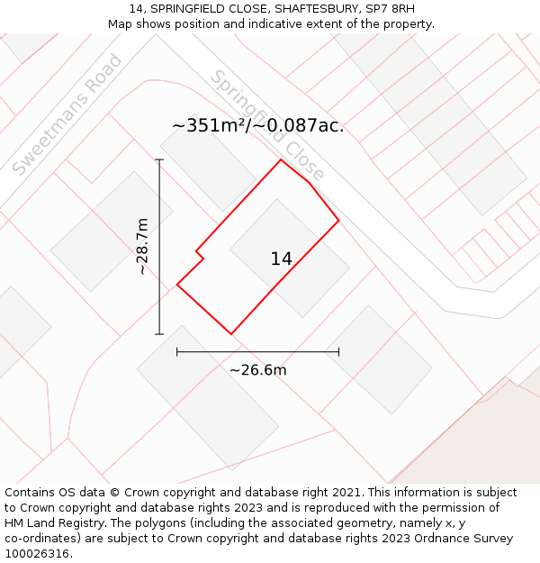 14, SPRINGFIELD CLOSE, SHAFTESBURY, SP7 8RH: Plot and title map