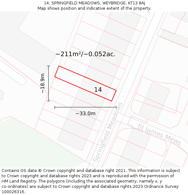 14, SPRINGFIELD MEADOWS, WEYBRIDGE, KT13 8AJ: Plot and title map