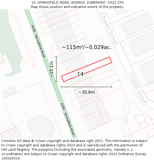 14, SPRINGFIELD ROAD, BIGRIGG, EGREMONT, CA22 2TN: Plot and title map