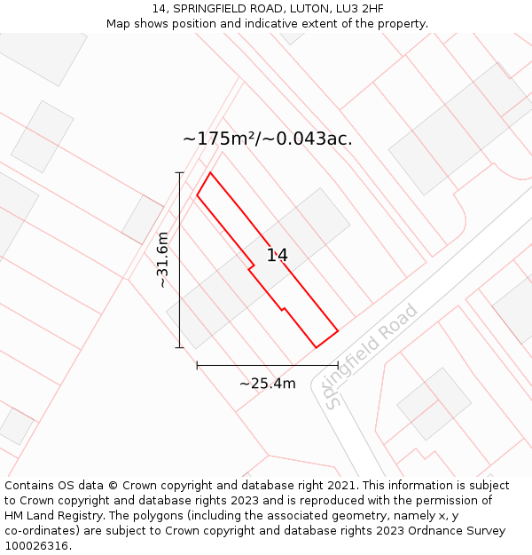 14, SPRINGFIELD ROAD, LUTON, LU3 2HF: Plot and title map