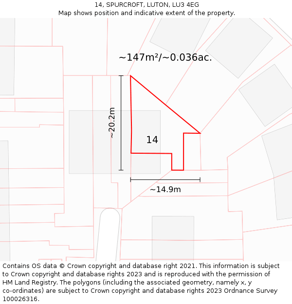 14, SPURCROFT, LUTON, LU3 4EG: Plot and title map