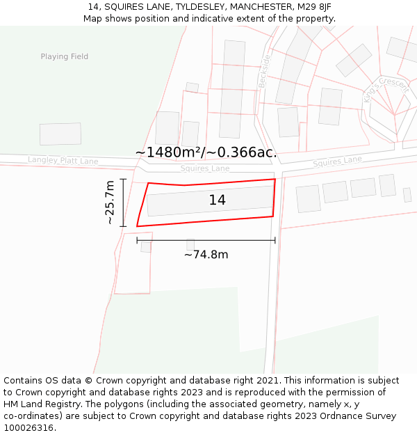 14, SQUIRES LANE, TYLDESLEY, MANCHESTER, M29 8JF: Plot and title map
