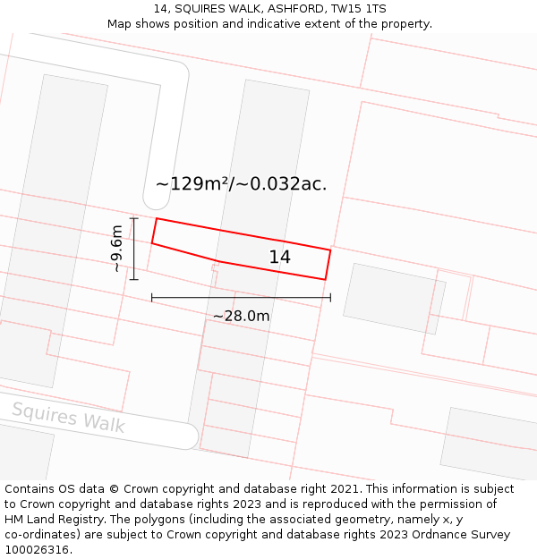 14, SQUIRES WALK, ASHFORD, TW15 1TS: Plot and title map