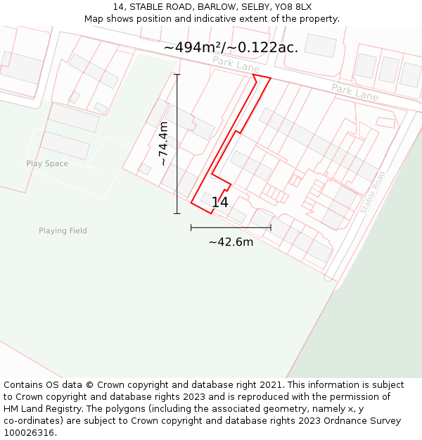 14, STABLE ROAD, BARLOW, SELBY, YO8 8LX: Plot and title map