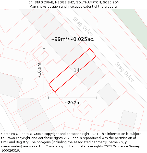 14, STAG DRIVE, HEDGE END, SOUTHAMPTON, SO30 2QN: Plot and title map