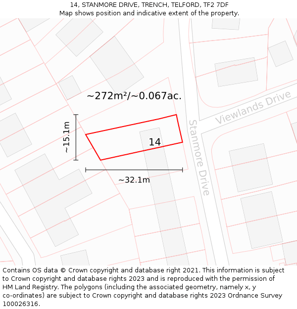 14, STANMORE DRIVE, TRENCH, TELFORD, TF2 7DF: Plot and title map