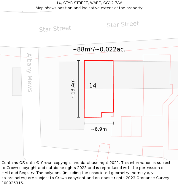14, STAR STREET, WARE, SG12 7AA: Plot and title map