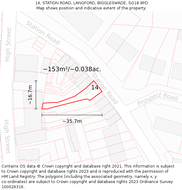 14, STATION ROAD, LANGFORD, BIGGLESWADE, SG18 9PD: Plot and title map