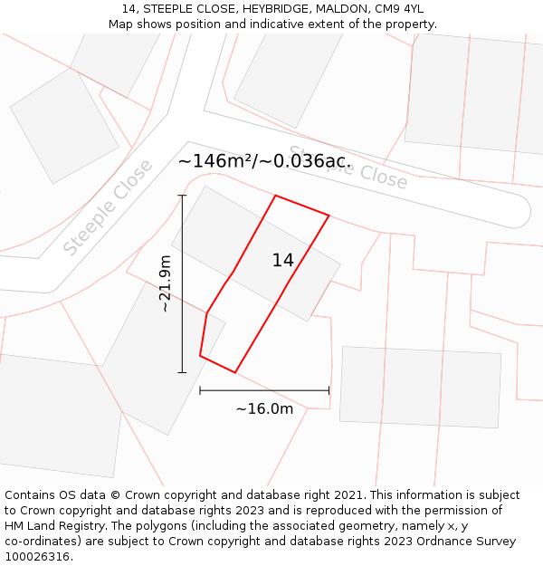 14, STEEPLE CLOSE, HEYBRIDGE, MALDON, CM9 4YL: Plot and title map