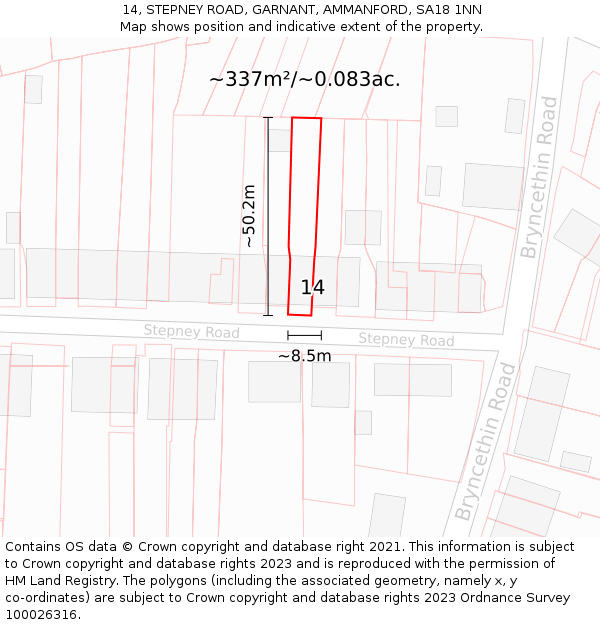 14, STEPNEY ROAD, GARNANT, AMMANFORD, SA18 1NN: Plot and title map