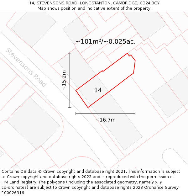 14, STEVENSONS ROAD, LONGSTANTON, CAMBRIDGE, CB24 3GY: Plot and title map