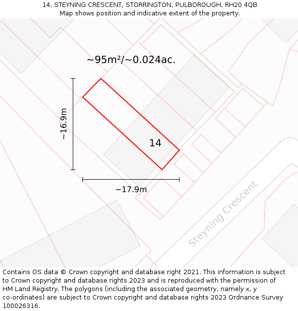 14, STEYNING CRESCENT, STORRINGTON, PULBOROUGH, RH20 4QB: Plot and title map