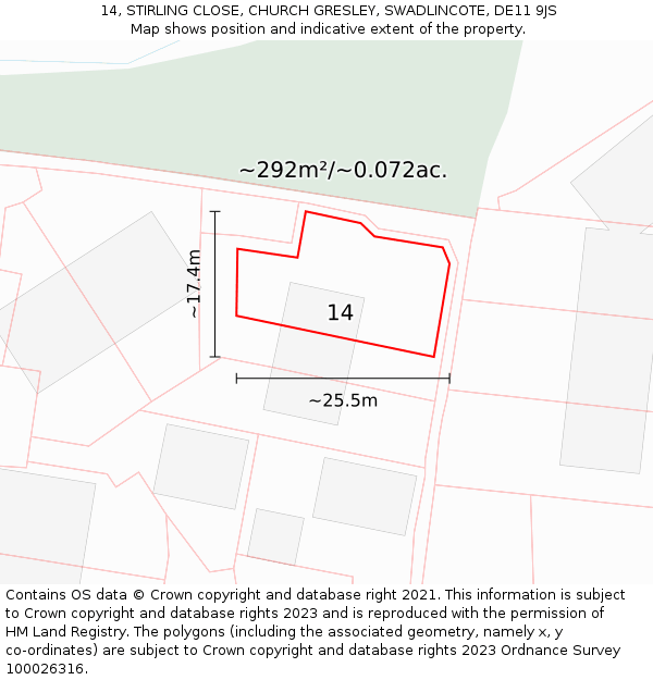 14, STIRLING CLOSE, CHURCH GRESLEY, SWADLINCOTE, DE11 9JS: Plot and title map
