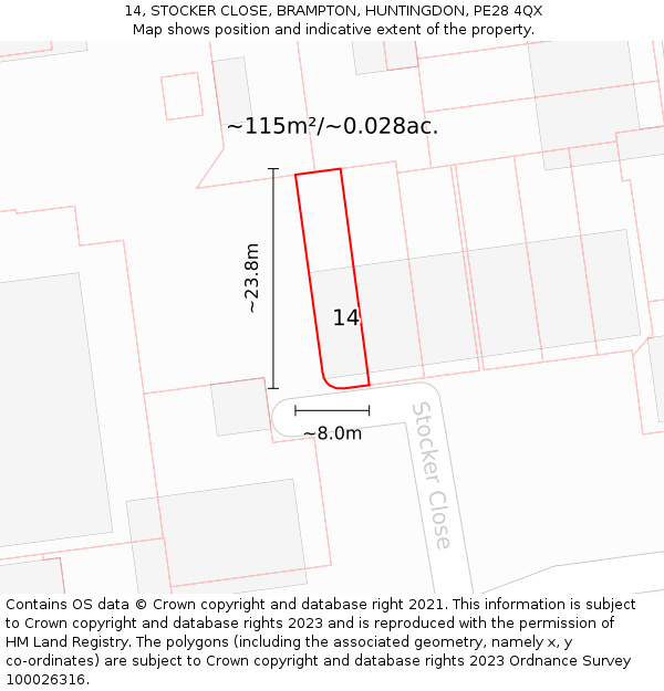 14, STOCKER CLOSE, BRAMPTON, HUNTINGDON, PE28 4QX: Plot and title map