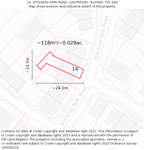 14, STOCKING PARK ROAD, LIGHTMOOR, TELFORD, TF4 3QA: Plot and title map